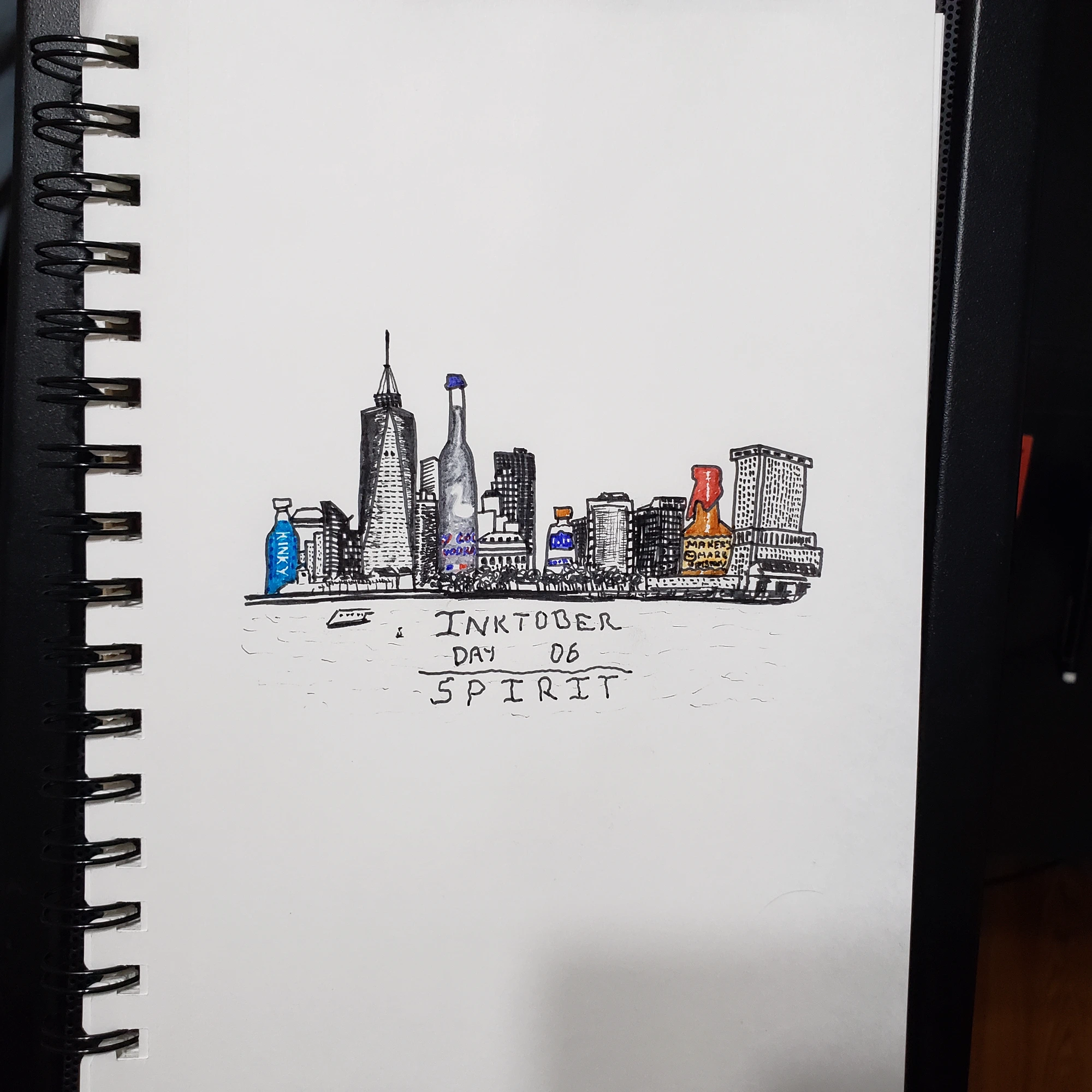 Sketchbook drawing of a city skyline assembled from bottles beneath a crescent moon.